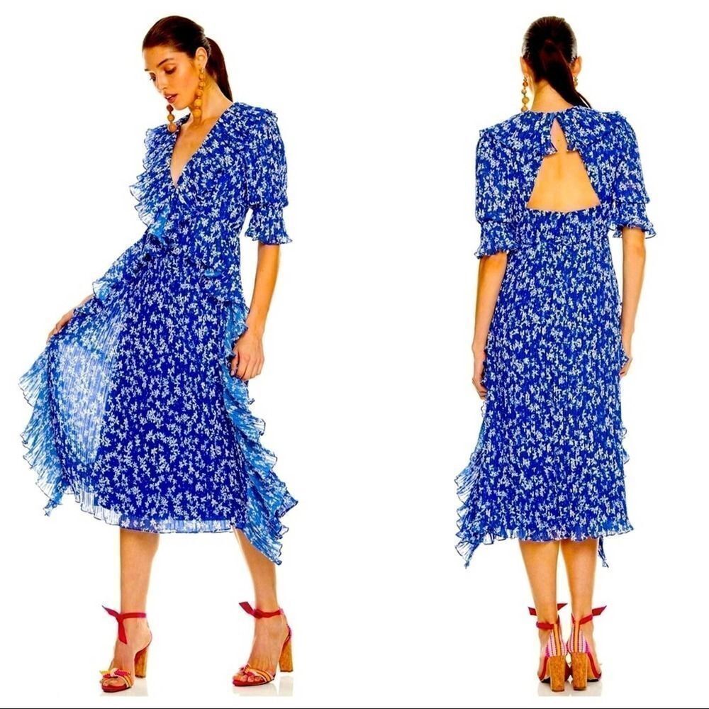 NWT La Madison Talulah Mediterranean Minx Midi Blue Margarita Floral Dress Sz XS